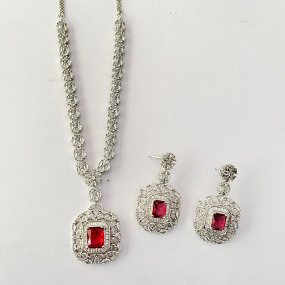 Ruby Silver Plated Diamond Sleek Necklace Set