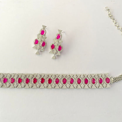 Pink Silver Plated Diamond Choker Set