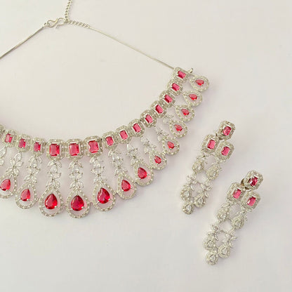Silver Plated Ruby Diamond Necklace Set