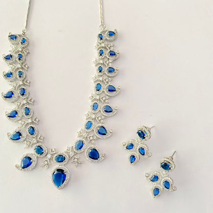 Blue Diamond Silver Plated Diamond Necklace Set