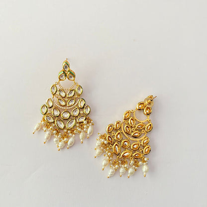 Gold Plated Kundan Drop Pearl Chand Bali