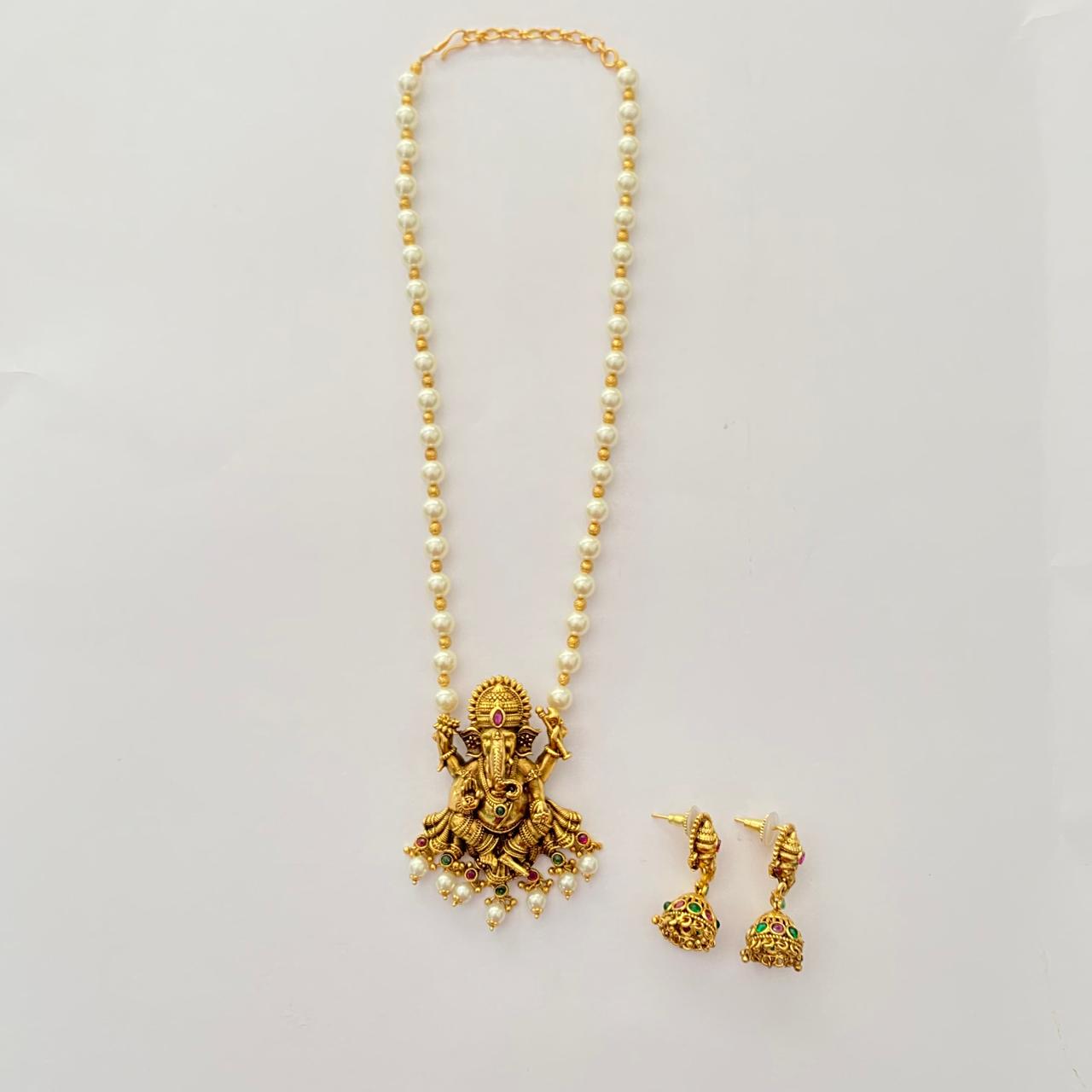 Traditional Temple features Ganesha Pearl Antique Gold Plated Pendant Set