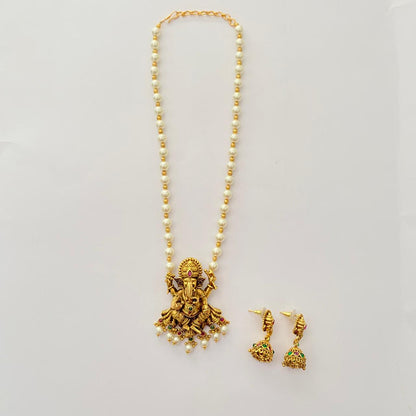 Traditional Temple features Ganesha Pearl Antique Gold Plated Pendant Set
