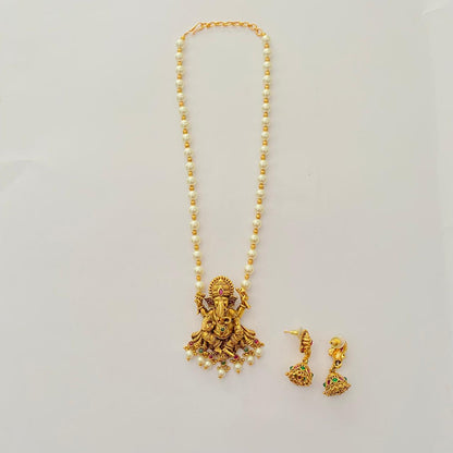 Traditional Temple features Ganesha Pearl Antique Gold Plated Pendant Set