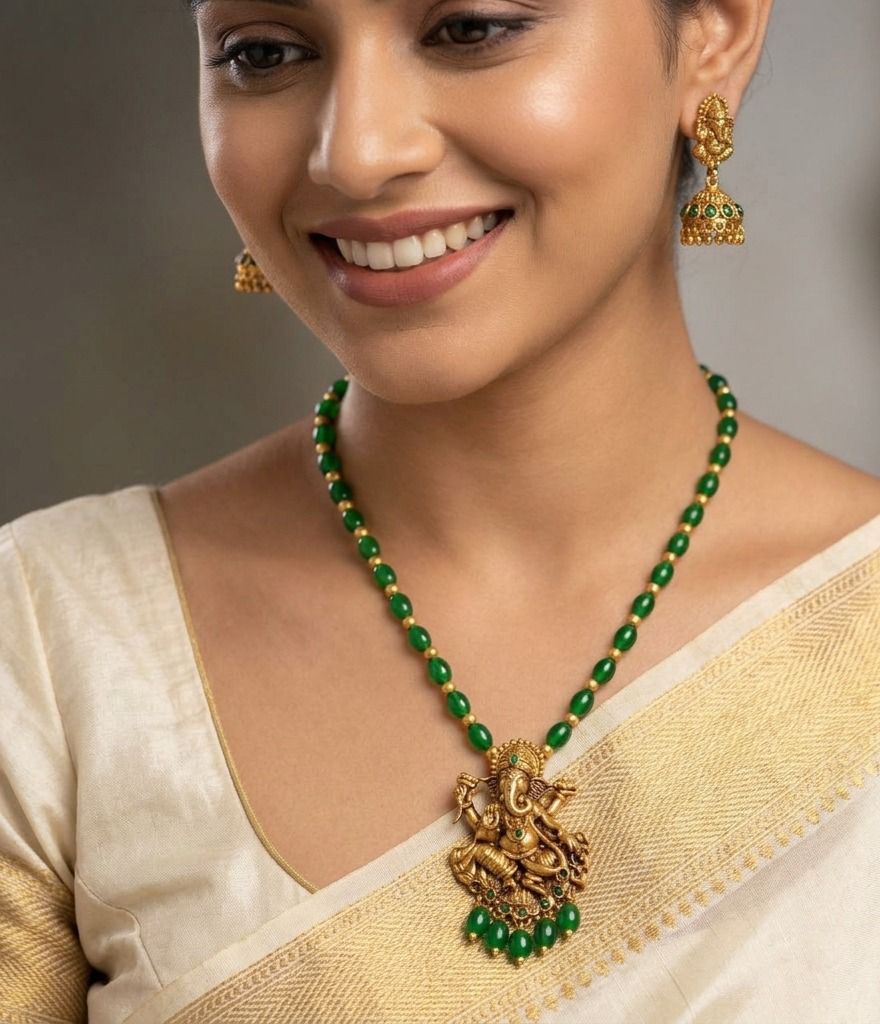 Emerald Antique Gold Plated Traditional Temple features Ganesha Pendant Set