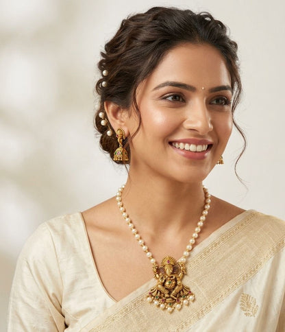 Traditional Temple features Ganesha Pearl Antique Gold Plated Pendant Set