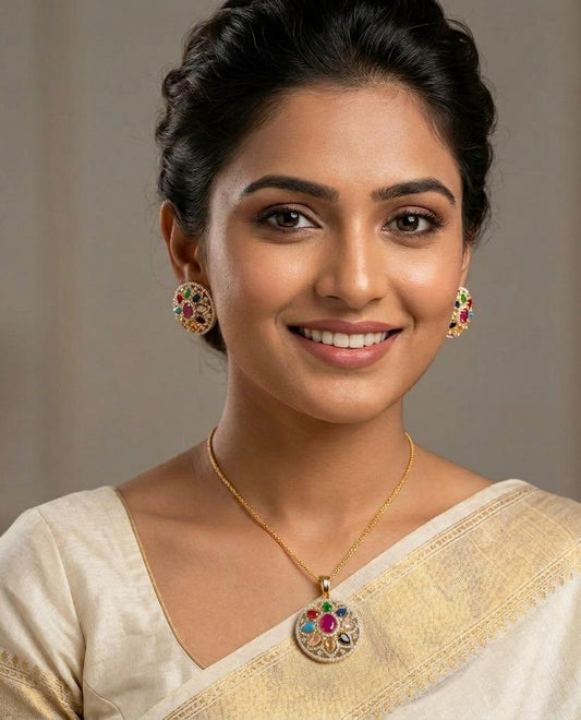 Navrattan Gold Plated Round Shape Pendant Set