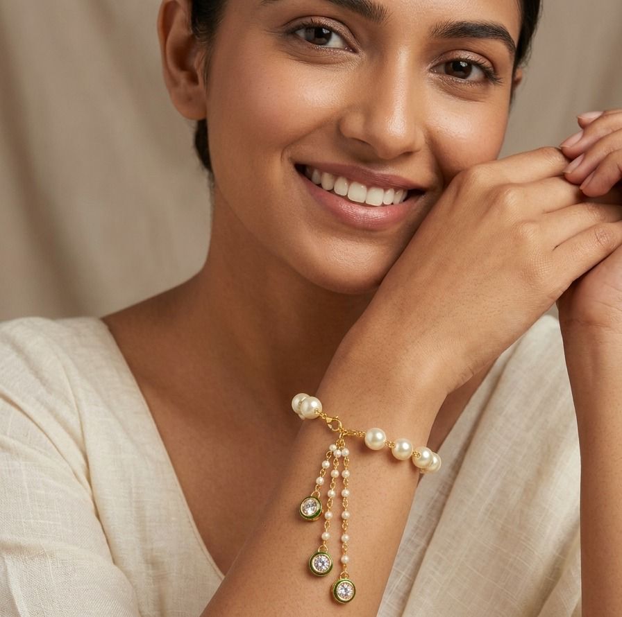 PEARL WITH KUNDAN GOLD PLATED CHAIN LUMBA RAKHI FOR WOMEN