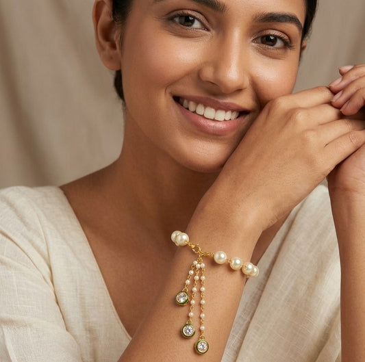 PEARL WITH KUNDAN GOLD PLATED CHAIN LUMBA RAKHI FOR WOMEN