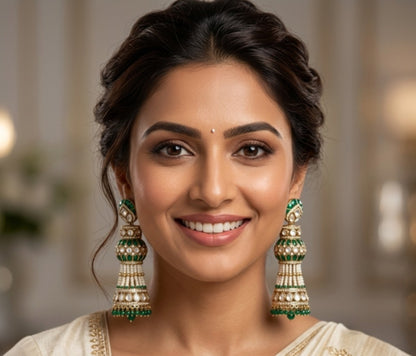 Emerald Antique Gold Plated Moissanite Jhumka Earring