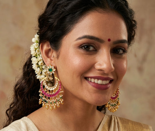 Emerald & Pink Stone Gold Plated Kundan Chandbali Earring