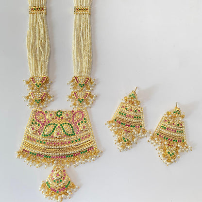 Ruby, White Pearl Green Long Jadau Rani Haar