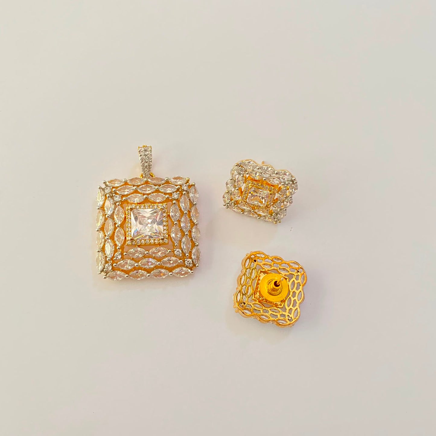 Diamond Square Shape Gold Plated Pendant Set