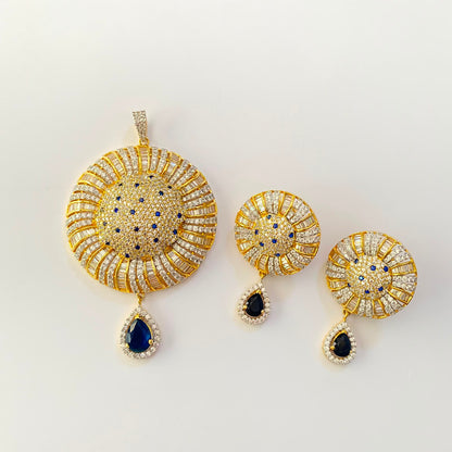 Blue Stone Gold Plated Big Pendant Set