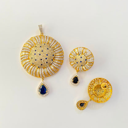 Blue Stone Gold Plated Big Pendant Set