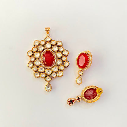Gold Plated Ruby Kundan Pendant Set