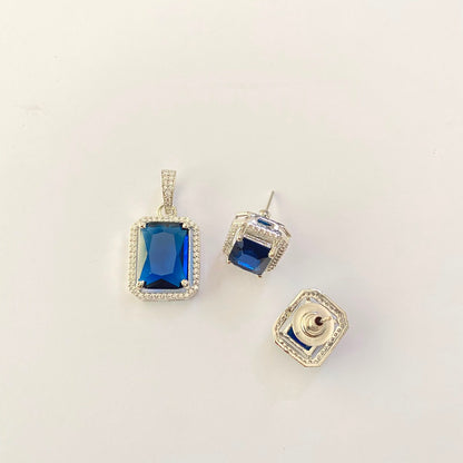 Silver Plated Blue Diamond Pendant Set