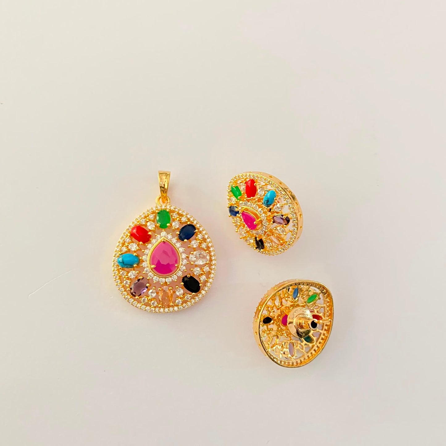 Gold Plated Navrattan in Leaf Shape Pendant Set