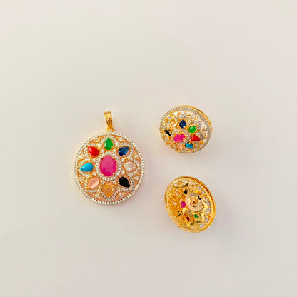 Navrattan Gold Plated Round Shape Pendant Set