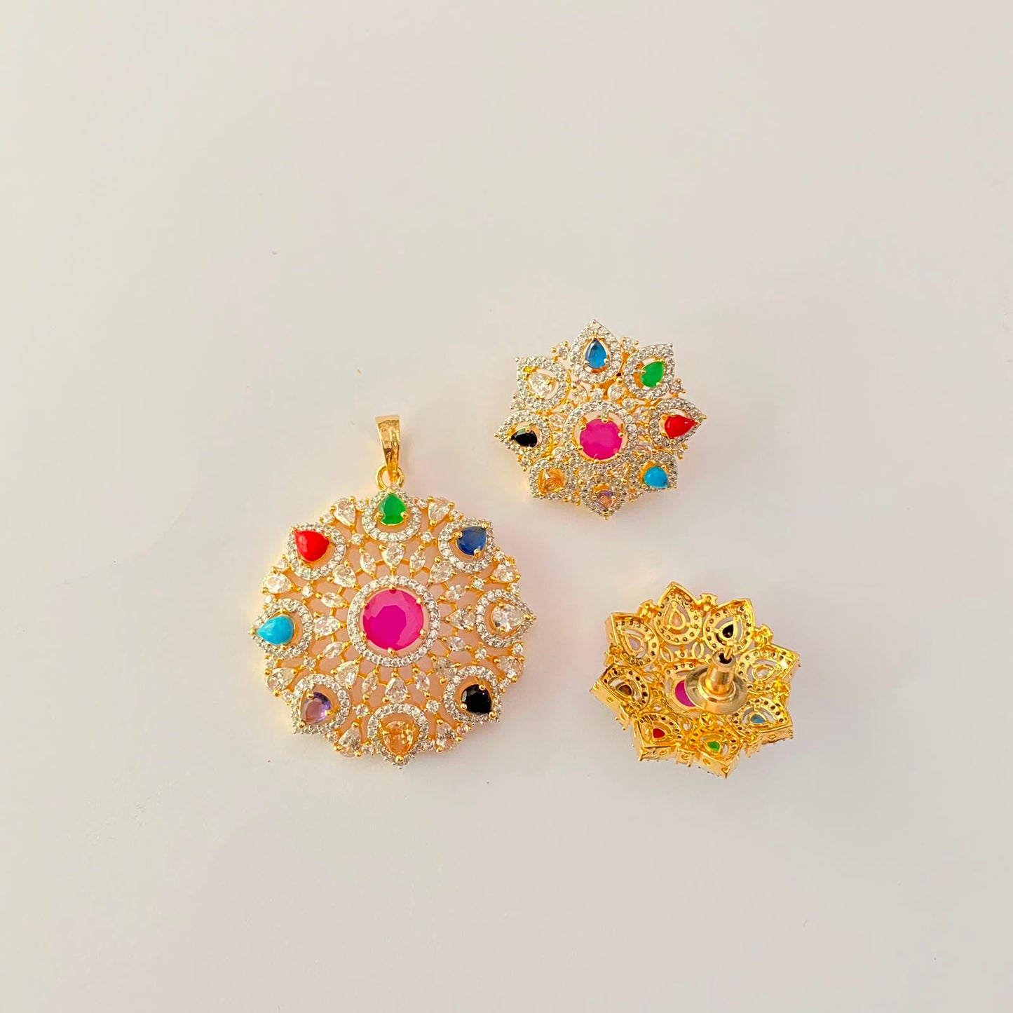 Navratan Gold Plated Round Shape Pendant Set