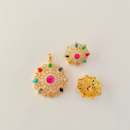 Navratan Gold Plated Round Shape Pendant Set