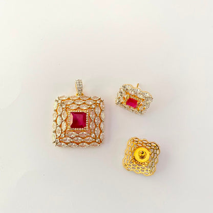Square Shape Ruby Diamond Gold Plated Pendant Set