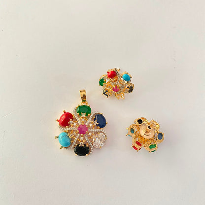 Gold Plated Navratan Pendant Set