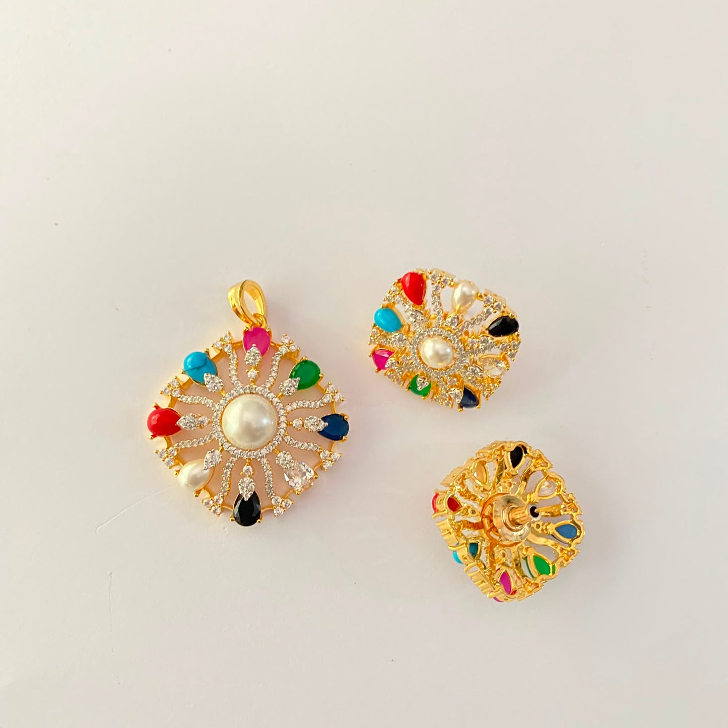 Pearl Navratan Gold Plated Pendant Set