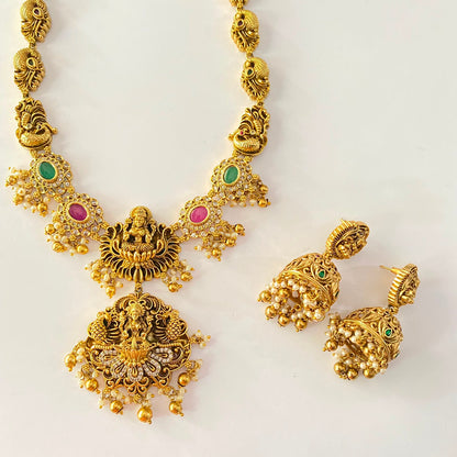 Antique Gold Ruby & Green Laxmi ji Necklace Set