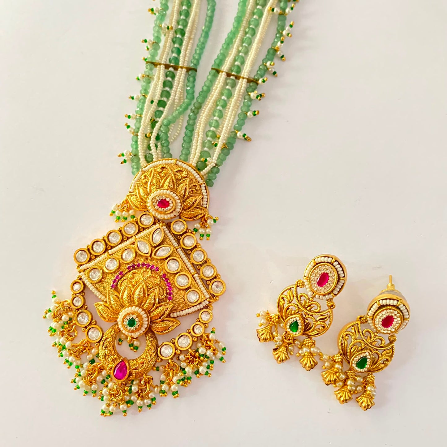 Mint Green White Beads Gold Plated Long Necklace Set