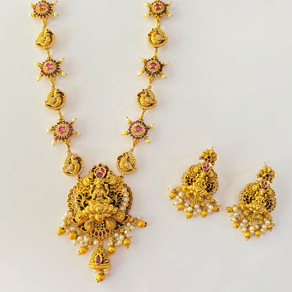 Ruby Antique Gold Long Laxmi Necklace Set