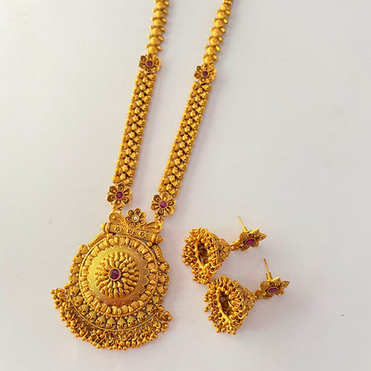 Long Gold Plated Ruby Necklace Set