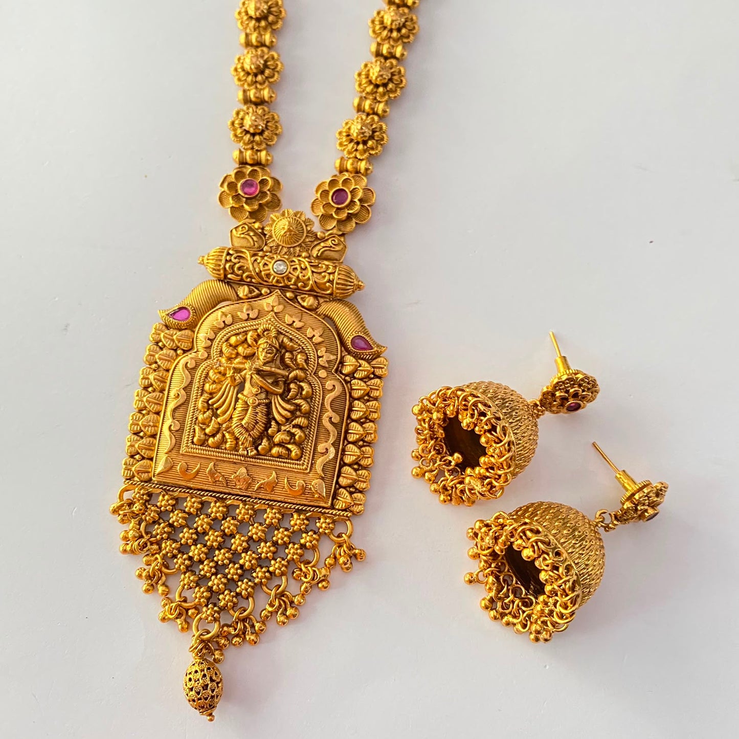 Gold Plated Square Shape Krishna Long Necklace Set