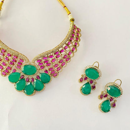Green Stone & Dark Pink Antique Gold Necklace Set With Back Clip