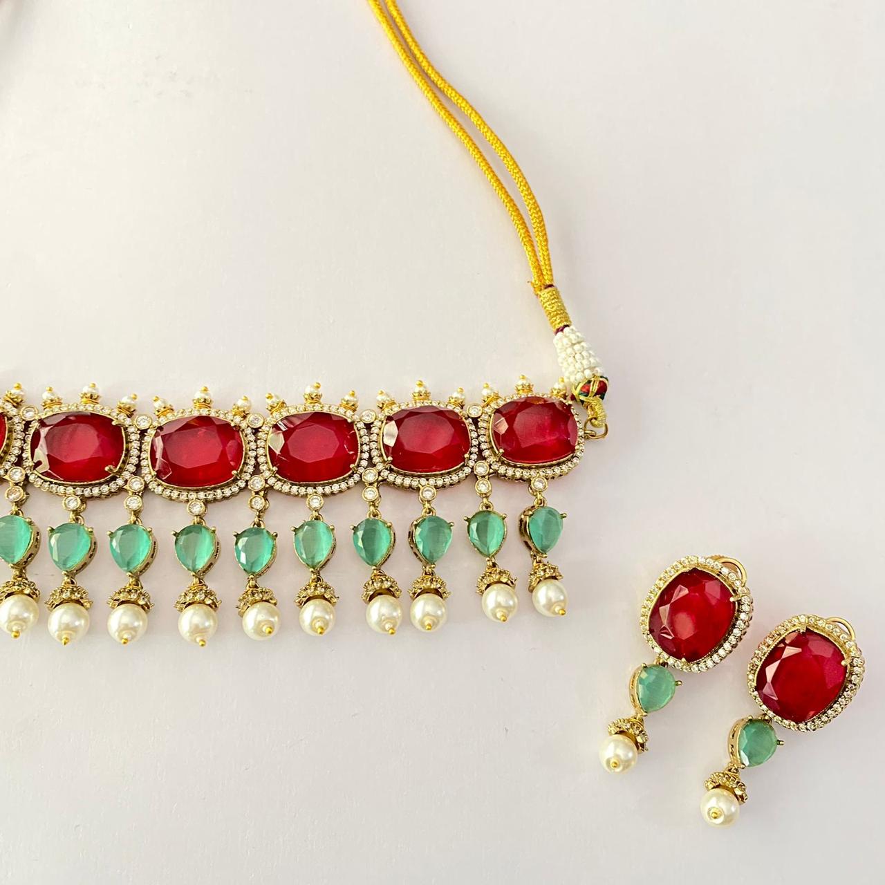 Antique Gold Aqua Drop Pearl & Ruby Choker Set With Back Clip