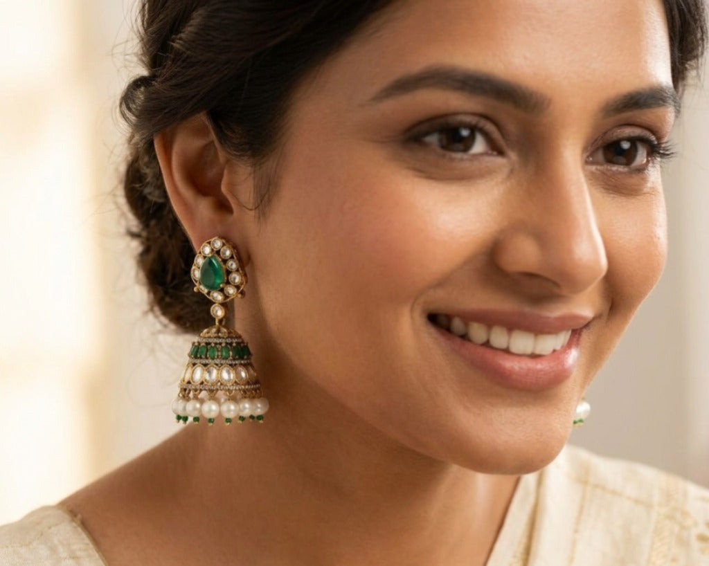 Emerald kundan with pearl jhumka latest design