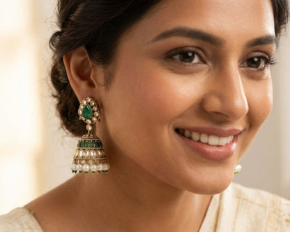 Emerald kundan with pearl jhumka latest design