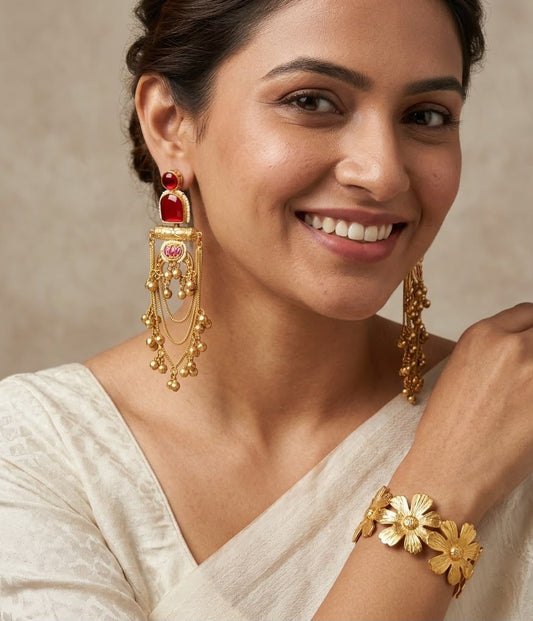 Ruby Gold Plated Kashmiri Design Earring with Gold Plated Floral Bracelet Combo