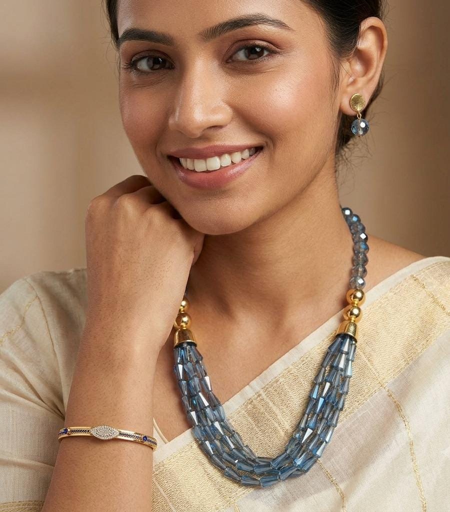 Blue Crystals necklace set with evil eye bracelet combo