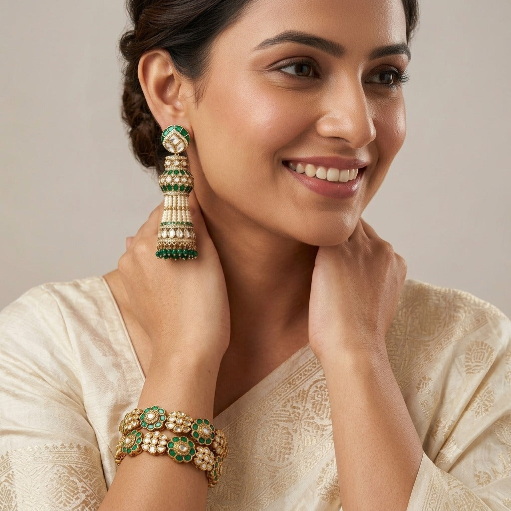 Antique Gold Green Kundan Bangle With Jhumka Combo