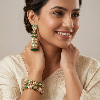 Antique Gold Green Kundan Bangle With Jhumka Combo
