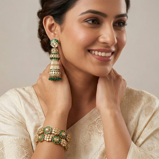 Antique Gold Green Kundan Bangle With Jhumka Combo