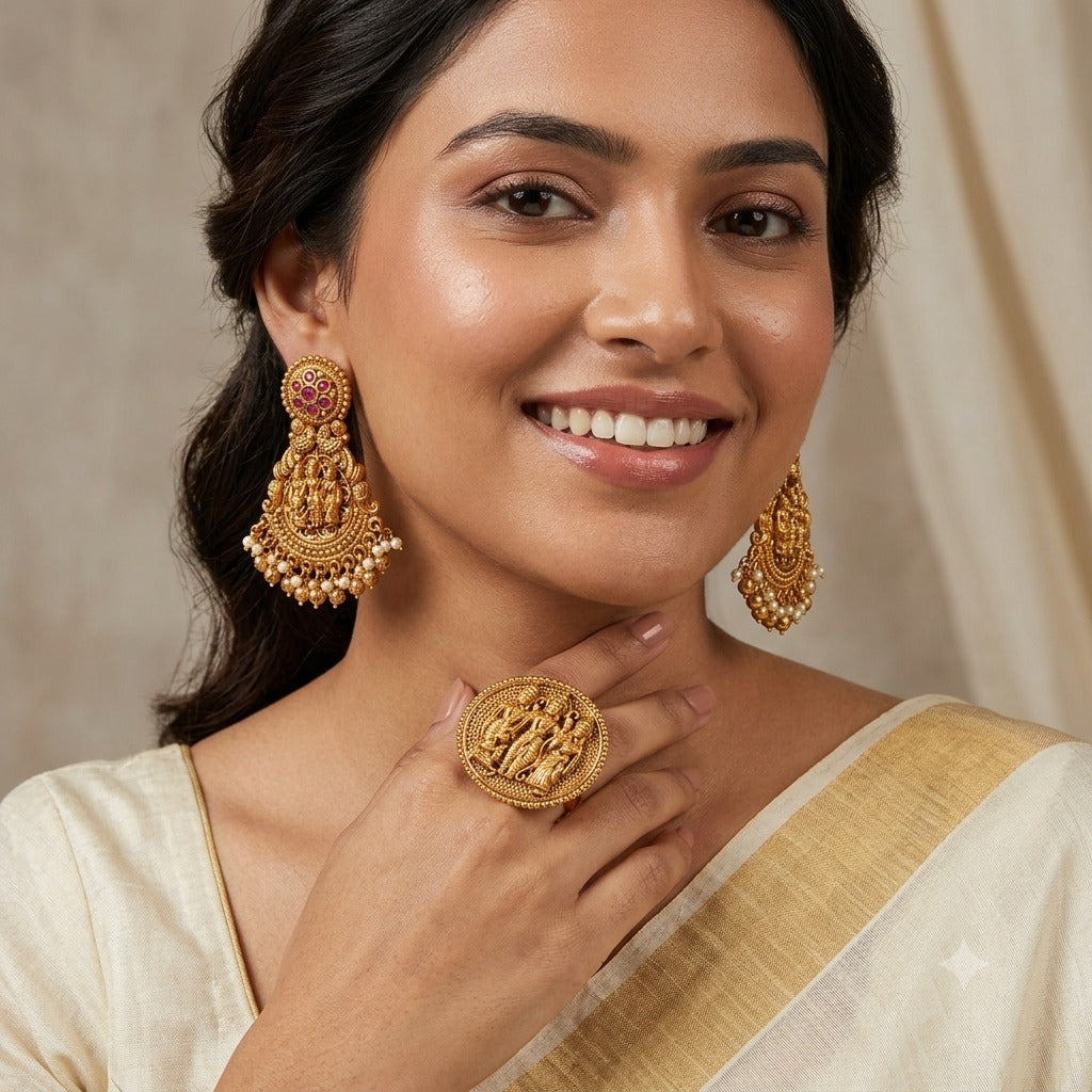 Gold Plated Ram Darbar Earring and Ring Combo Set.