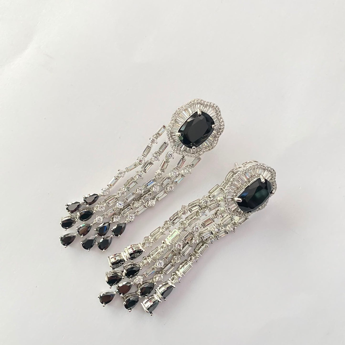 Black Stone Silver Plated Diamond Earring