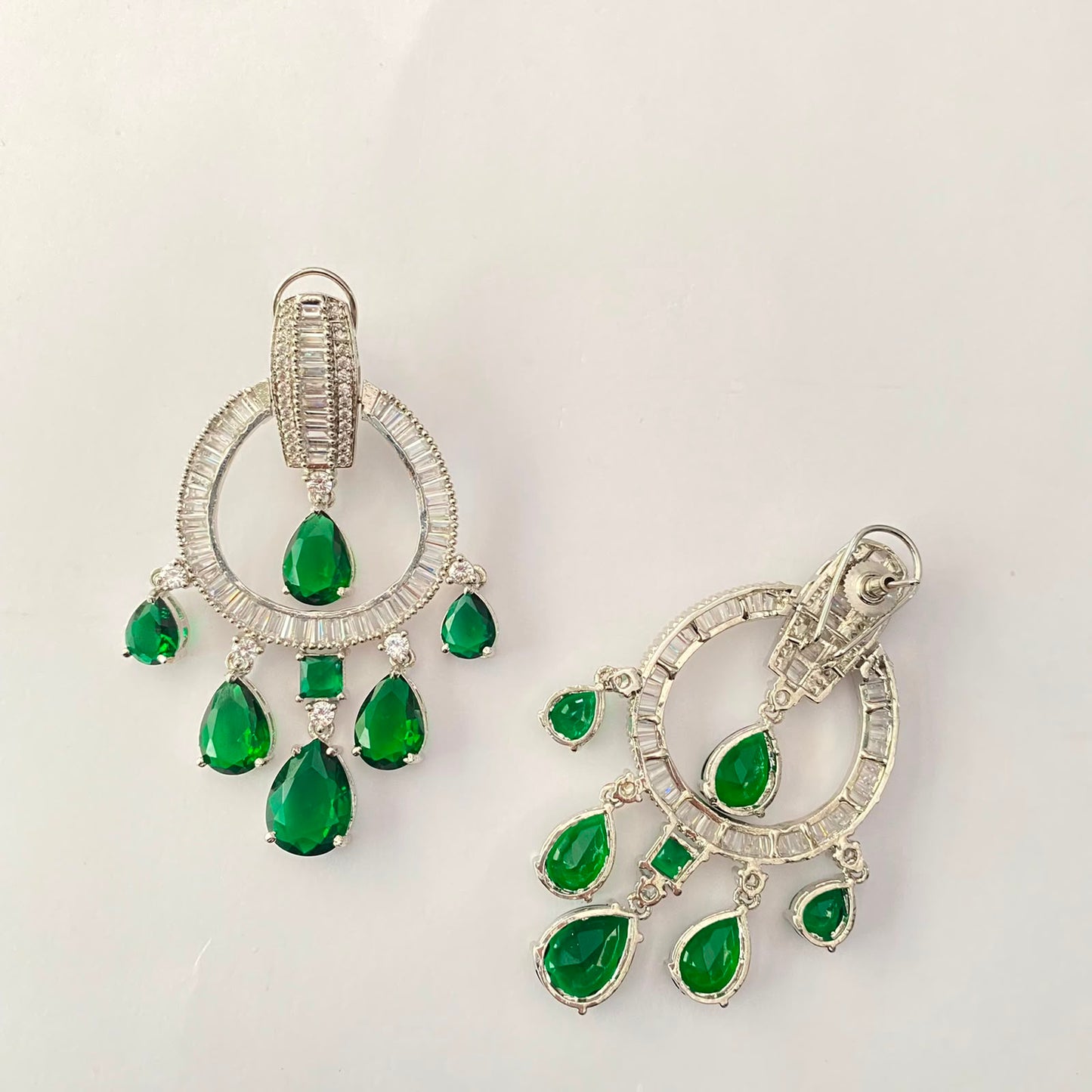 Silver Plated Green Diamond Earring With Back Clip