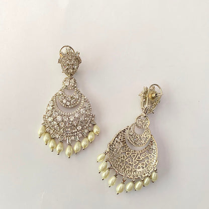 Silver Plated Drop Pearl With Back Clip Chand Bali