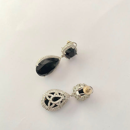 Black Stone Silver Plated Earring With Back Clip