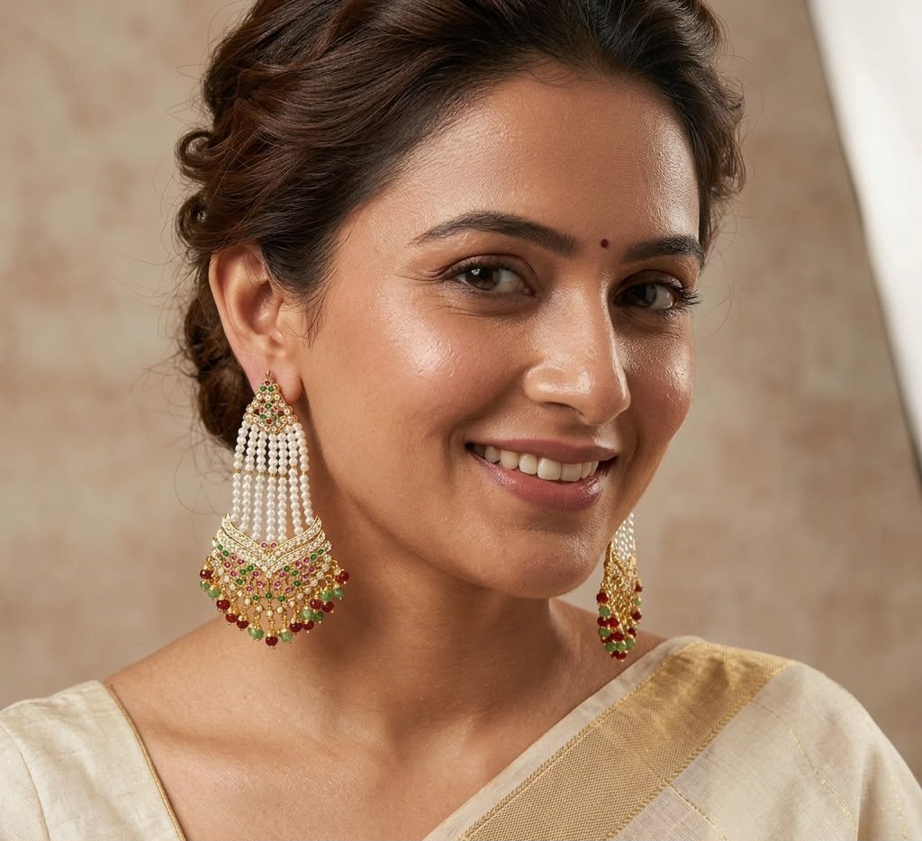 Ruby & Green with Pearl Gold Plated Jadau Earring