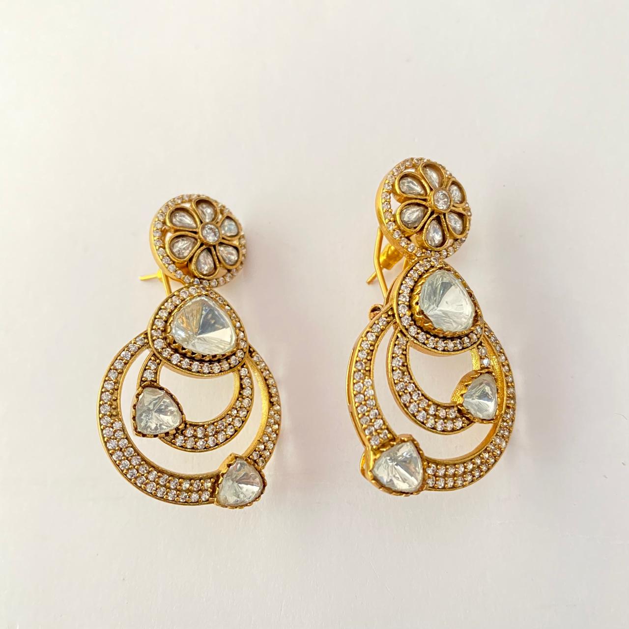 Moissanite Antique Gold Plated with Back Clip Earring
