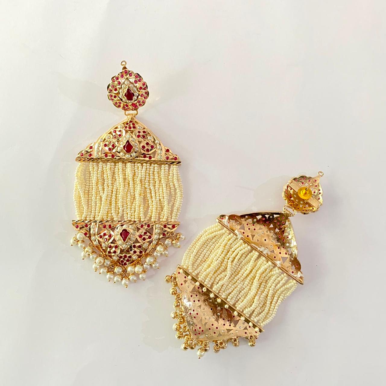 White Beads Ruby Big Jadau Earring